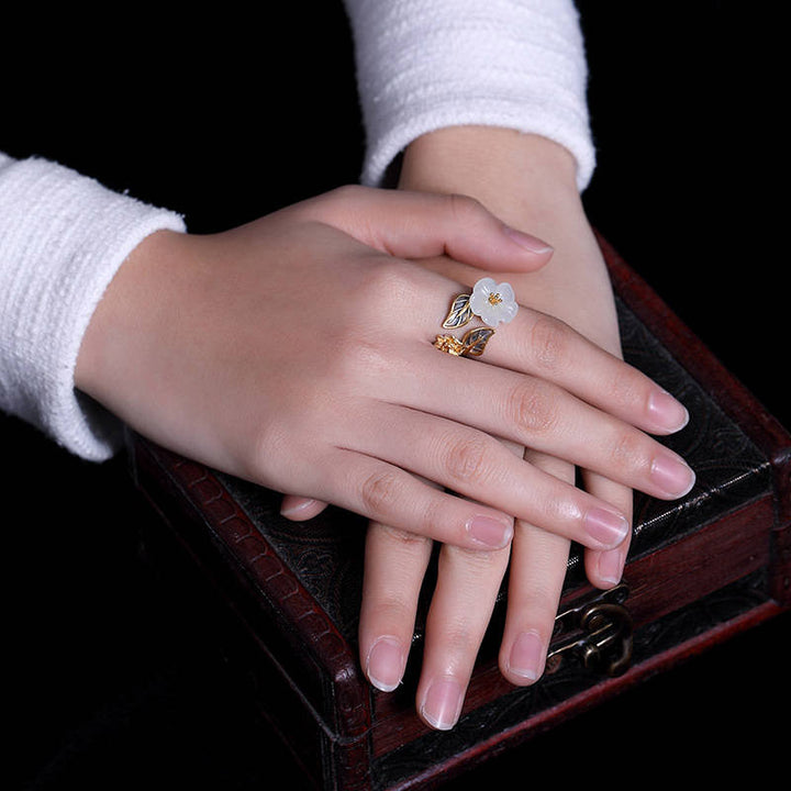 Buddha Stones 925 Silver Plated Copper White Jade Plum Flower Leaf Luck Ring - image 10