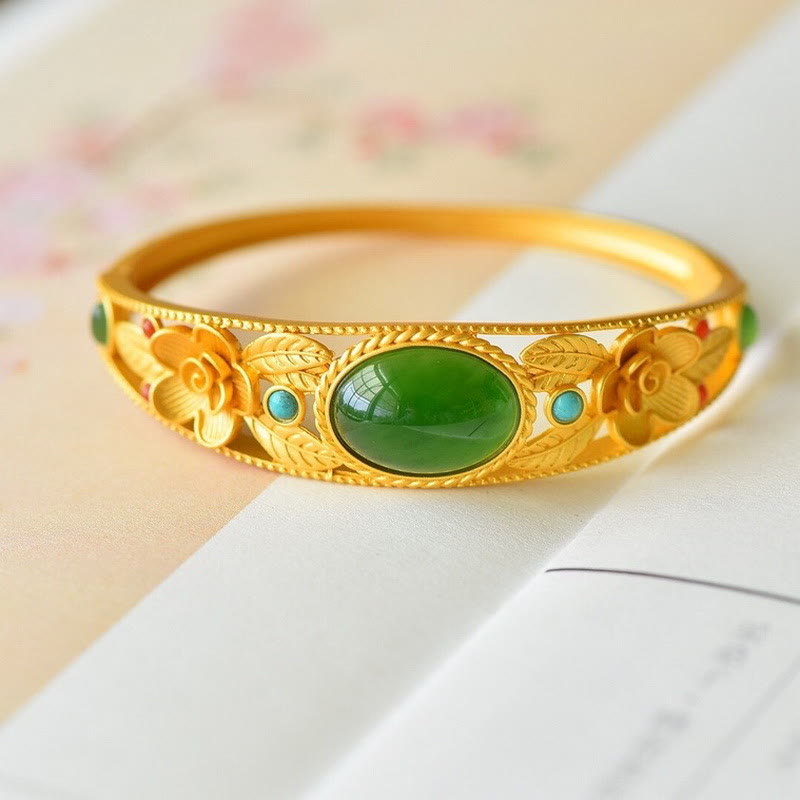 Buddha Stones Cyan Jade White Jade Flower Leaf Harmony Luck Bracelet Bangle - Cyan Jade&Golden Bangle - image 0