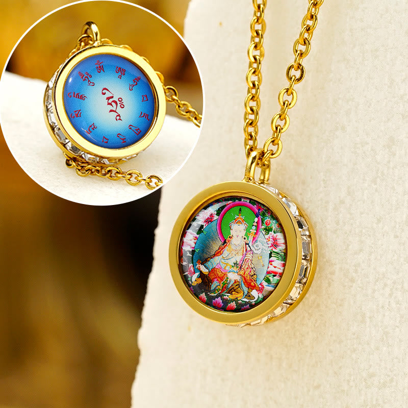 Buddha Stones Tibetan Yellow God Of Wealth Green Tara Buddha Serenity Titanium Steel Necklace Pendant - Front Padmasambhava Bodhisattva Back Mantra - image 11