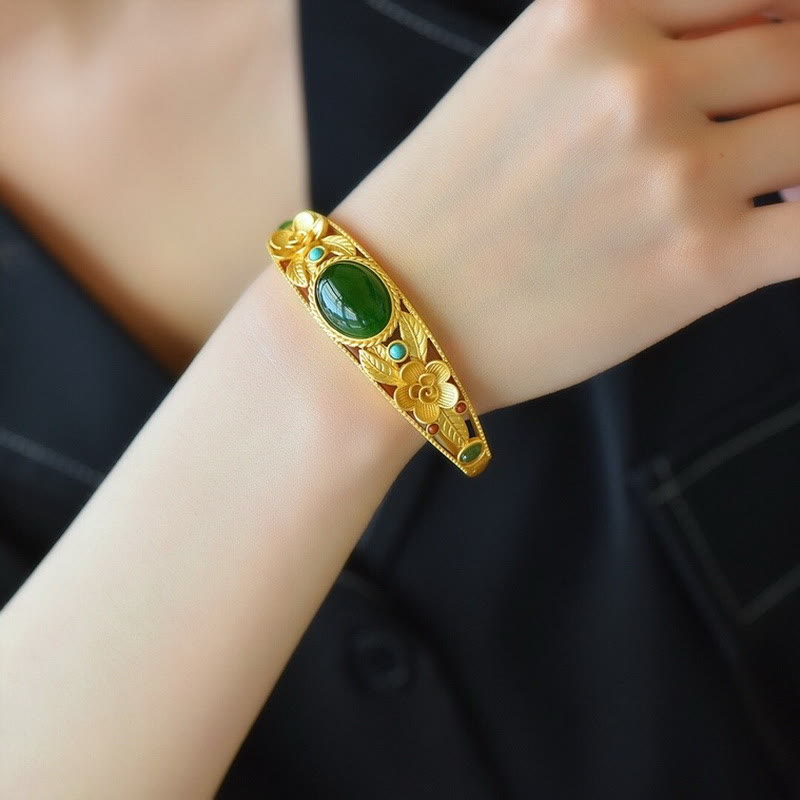 Buddha Stones Cyan Jade White Jade Flower Leaf Harmony Luck Bracelet Bangle - image 1