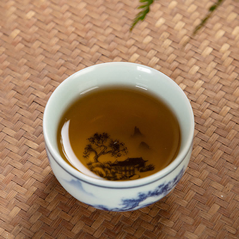 Buddha Stones Blue Landscape Mountains Lotus Cute Cat Pavilions Magnolia Reed Egrets Ceramic Teacup Small Kung Fu Tea Cup - image 12