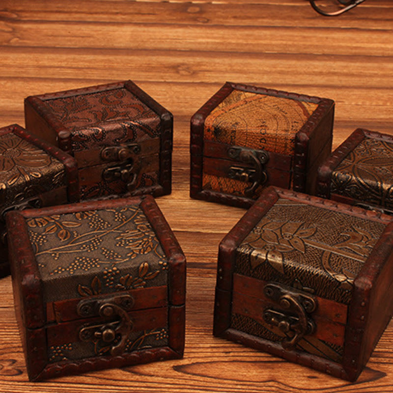 Buddha Stones Retro Small Square Wood Jewelry Box Lotus Grass Flower Grape Copper Coin Daffodil Jewelry Storage Box - image 25