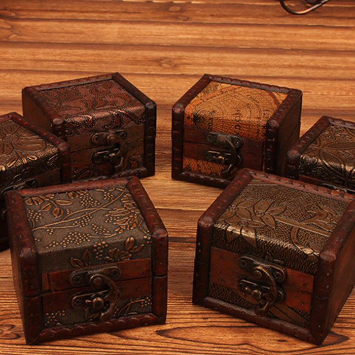 Buddha Stones Retro Small Square Wood Jewelry Box Lotus Grass Flower Grape Copper Coin Daffodil Jewelry Storage Box - image 25
