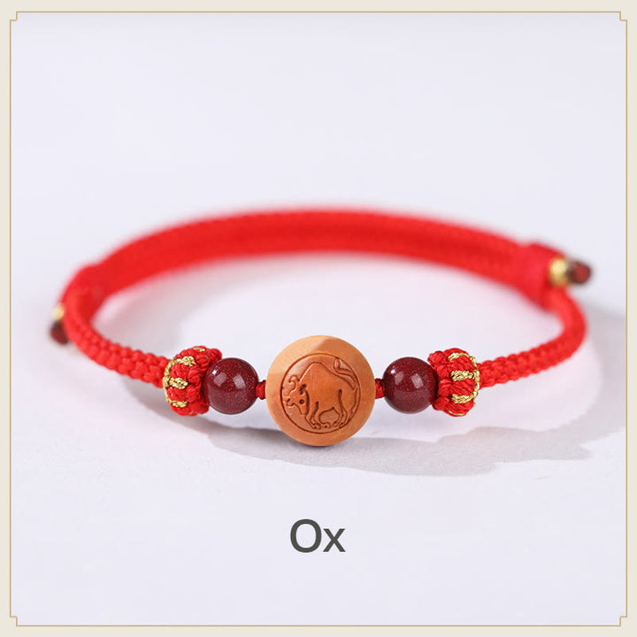 Buddha Stones Natural Peach Wood Chinese Zodiac Fu Character Carved Cinnabar Wealth Bracelet - Ox-Red(Wrist Circumference 14-22cm) - image 2
