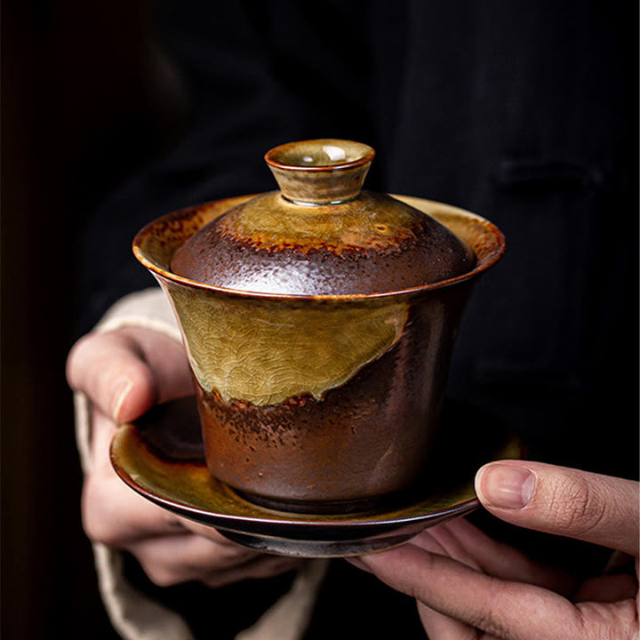 Buddha Stones Vintage Brown Kiln Change Design Porcelain Ceramic Gaiwan Sancai Teacup Kung Fu Tea Cup And Saucer With Lid - image 3