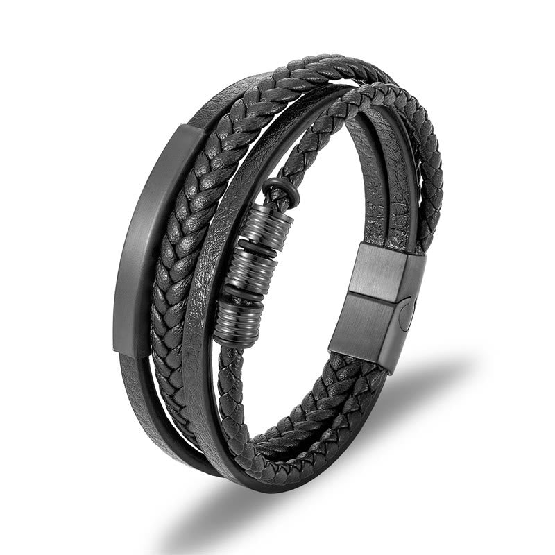 Buddha Stones Leather Multi-Layer Titanium Steel Balance Braided Magnetic Buckle Bracelet - Black 21.5cm - image 0