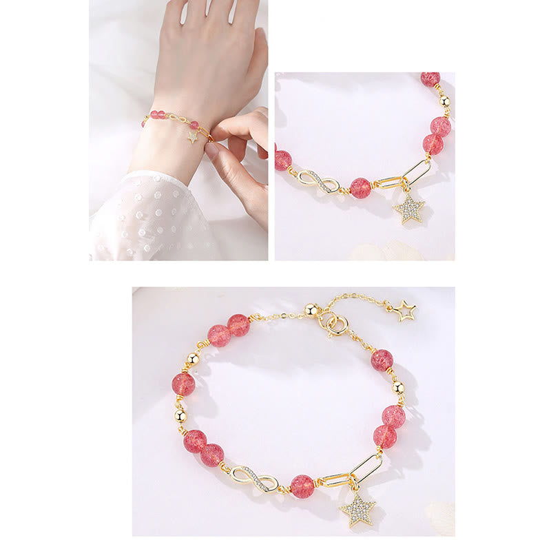 Buddha Stones 14K Gold Plated Natural Strawberry Quartz Moonstone Möbius Loop Eternal Love Star Positive Bracelet - image 2