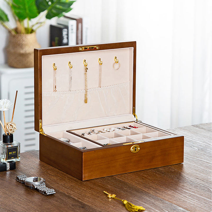 Buddha Stones Vintage Wooden Jewelry Box Two-Layer Solid Wood Jewelry Storage Box - image 7