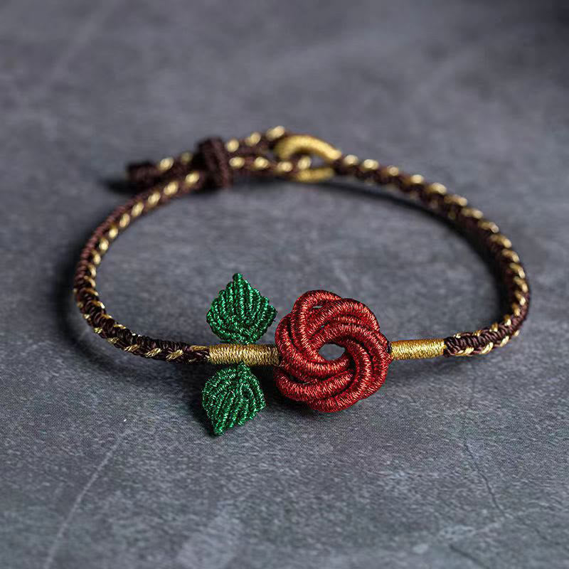 Buddha Stones Rose Flower Rope Eight Thread Peace Knot Luck Handmade Bracelet - Red Brown(Wrist Circumference 14-18cm) - image 0