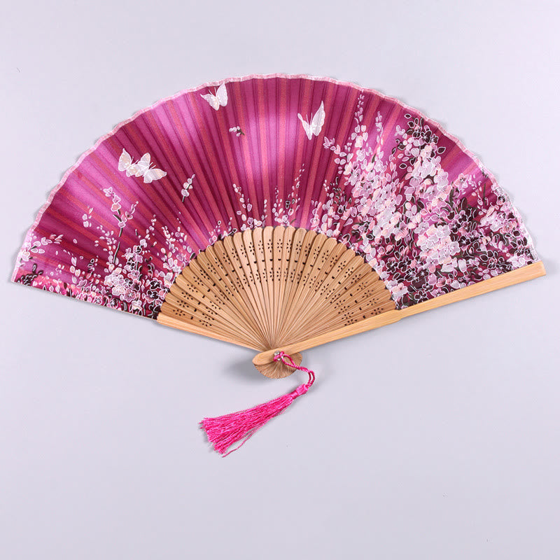 Buddha Stones Butterfly Flowers Handheld Bamboo Folding Fan - Rose Red - image 9