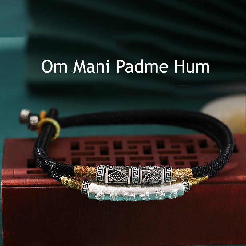 Buddha Stones 999 Sterling Silver Handmade Om Mani Padme Hum Peace Braided Bracelet - Black Om Mani Padme Hum(Bracelet Size 22.5cm) - image 0