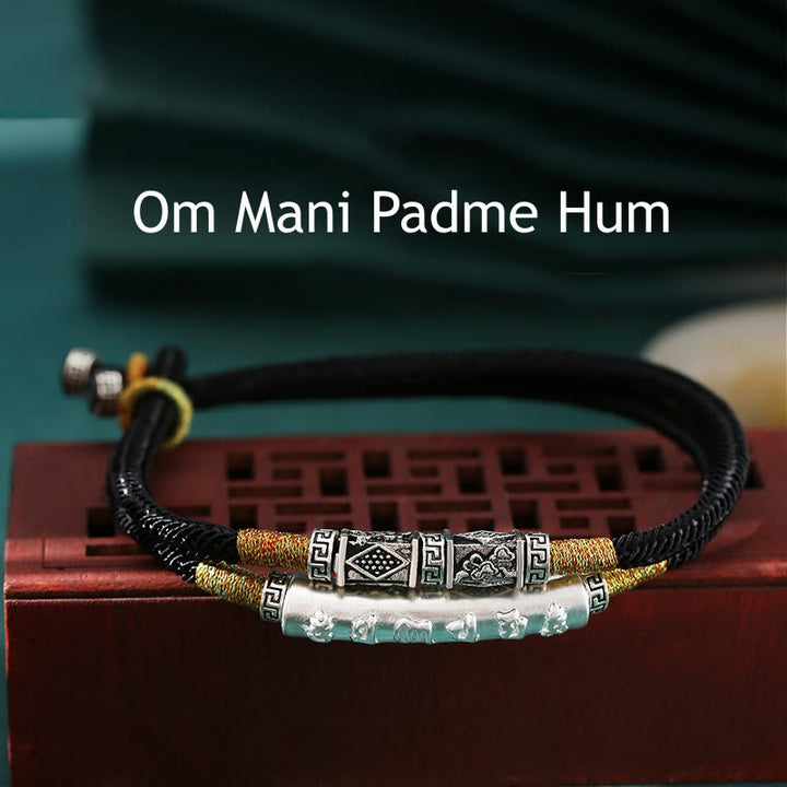 Buddha Stones 999 Sterling Silver Handmade Om Mani Padme Hum Peace Braided Bracelet - Black Om Mani Padme Hum(Bracelet Size 22.5cm) - image 0