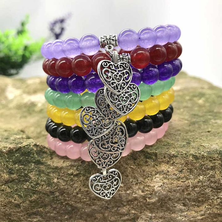 Natural Gemstone Lucky Love Heart  Charm Stretch Bracelet - image 9