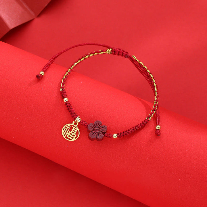 Buddha Stones Cinnabar Flower Fu Character Blessing Braided String Bracelet - image 3