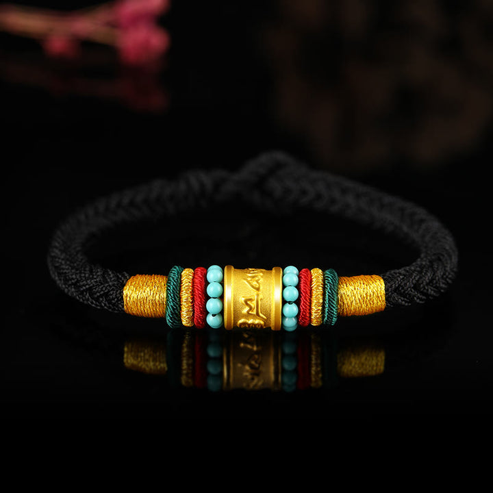 Buddha Stones Tibet 999 Gold Om Mani Padme Hum Handmade Eight Thread Peace Knot Luck Bracelet - Turquoise Rope Buckle Black Rope - 19cm - image 6
