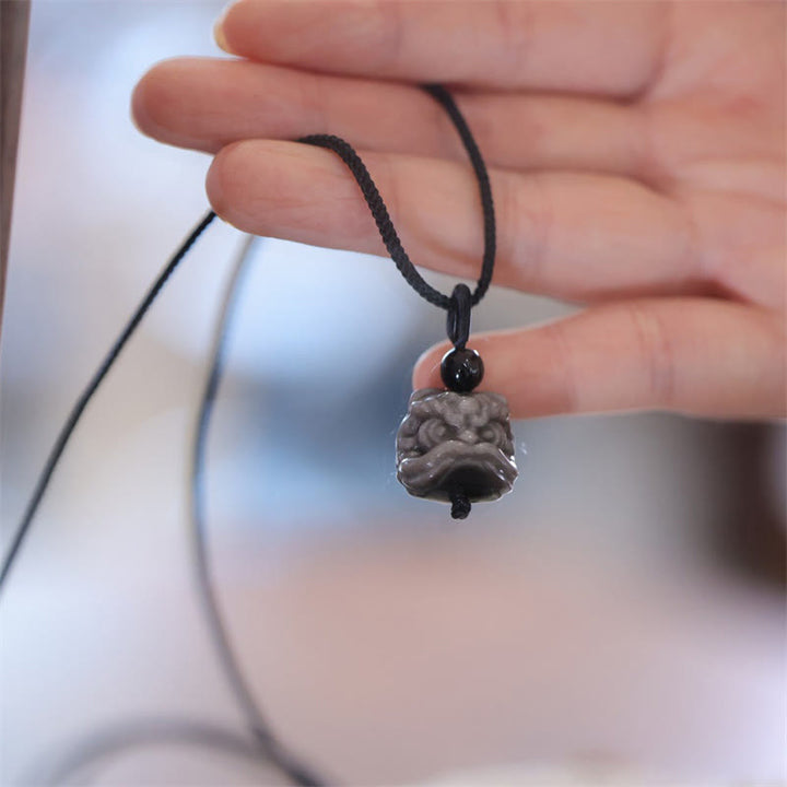 Buddha Stones Natural Silver Sheen Obsidian Dancing Lion Protection Necklace Pendant - image 9