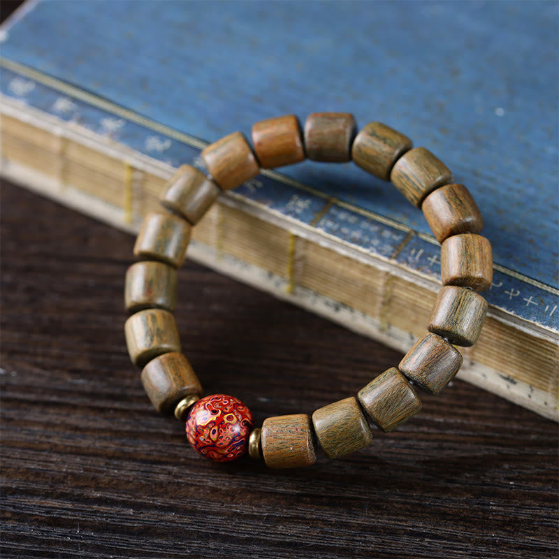 Buddha Stones Natural Green Sandalwood Small Leaf Red Sandalwood Lacquer Bead Peace Bracelet - image 2