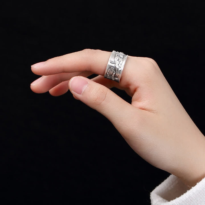 Buddha Stones 999 Sterling Silver Luck Koi Fish Lotus Heart Sutra Wealth Ring - image 2