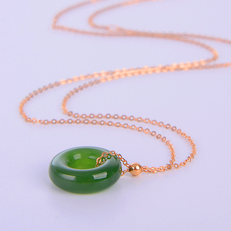 Round Cyan Jade Healing 14K Gold Necklace Pendant - image 8