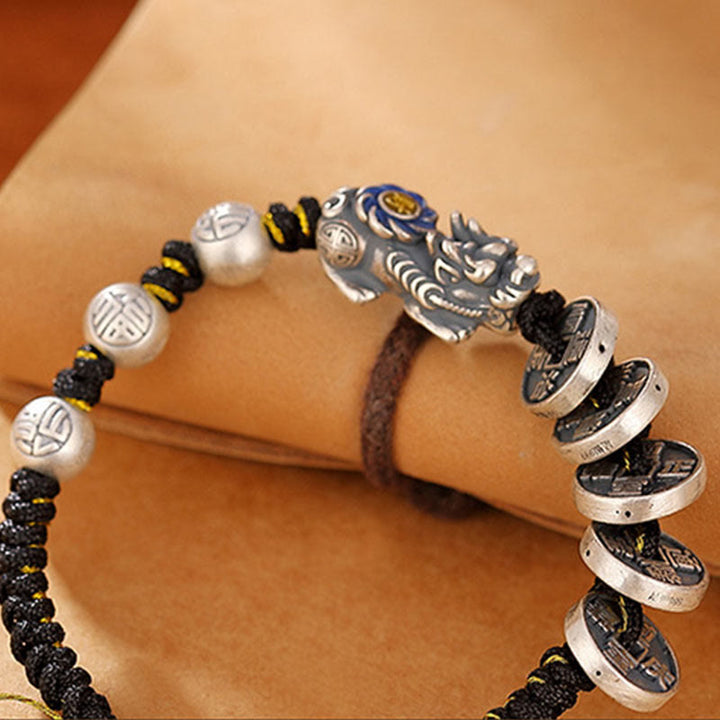Buddha Stones 999 Sterling Silver FengShui PiXiu Copper Coin Fu Character Wealth Braided Bracelet - image 5