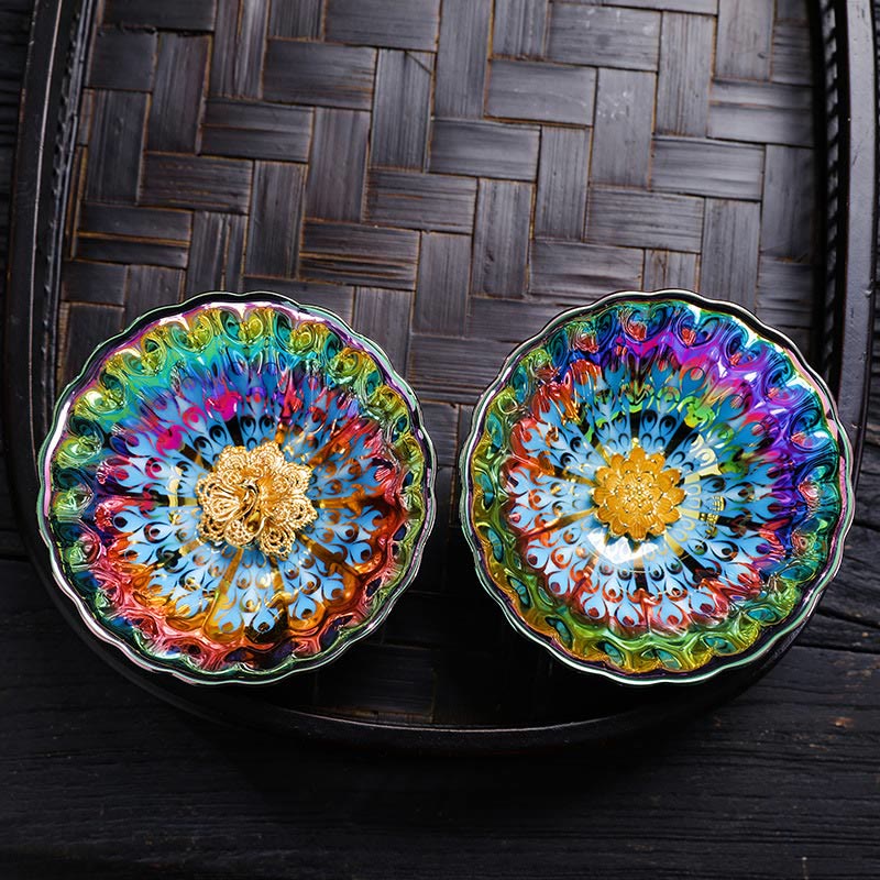 Buddha Stones Vivid Peacock Lotus Inlaid Design Colorful Chinese Jianzhan Ceramic Teacup Kung Fu Tea Cup - image 12