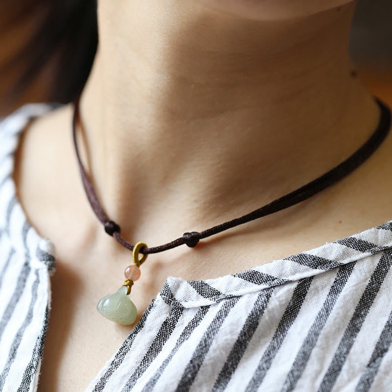 Buddha Stones Natural Round Jade Peace Buckle Lotus Abundance String Necklace Pendant - Brown - Lotus - image 12