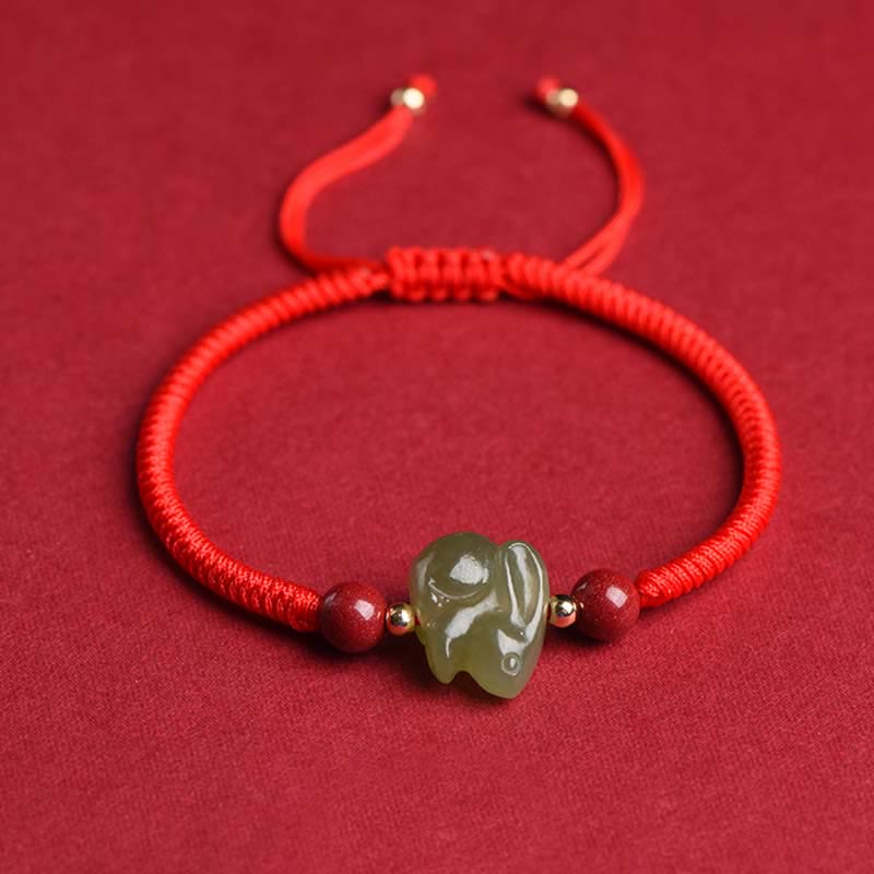 Year of the Rabbit Hetian Jade Bunny Cinnabar Beaded Abundance String Bracelet - image 1