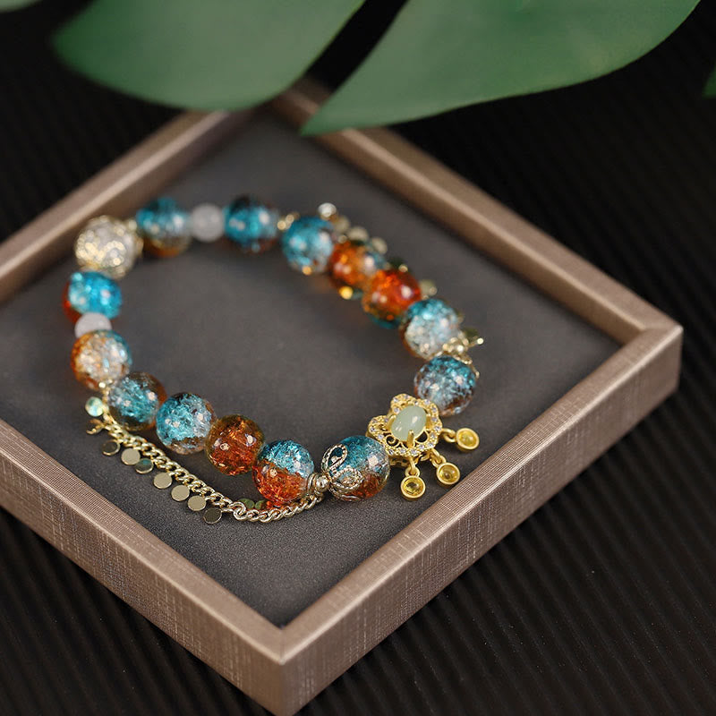 Buddha Stones Colorful Liuli Glass Bead Chinese Lock Charm Fortune Bracelet - Colorful Liuli Glass Bead(Wrist Circumference 14-16cm) - image 0