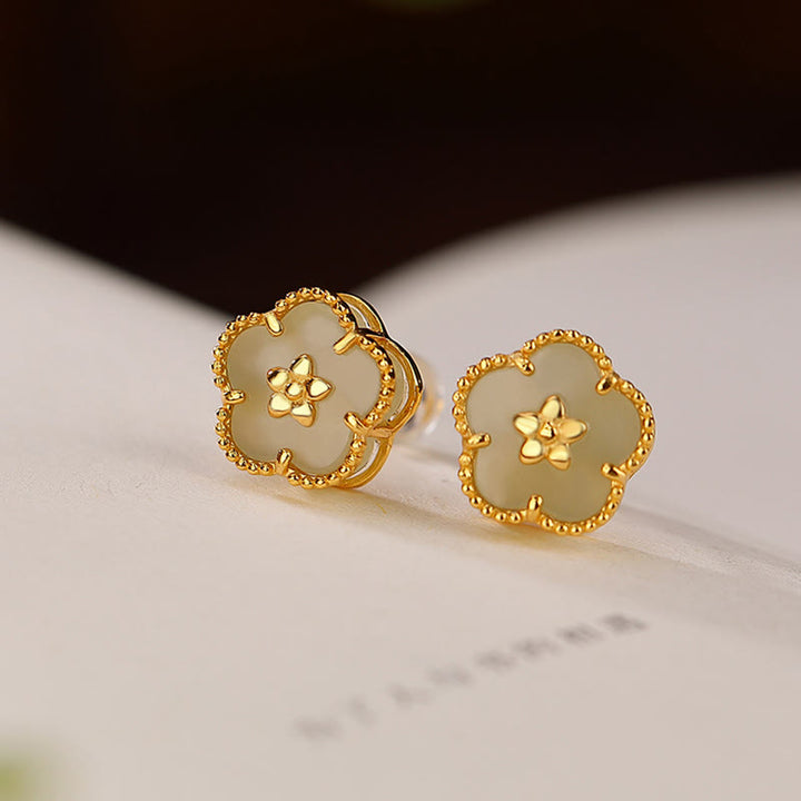 Buddha Stones 925 Sterling Silver Hetian Jade Plum Flower Luck Stud Earrings - 925 Sterling Silver Plated Gold&Hetian Jade - image 5