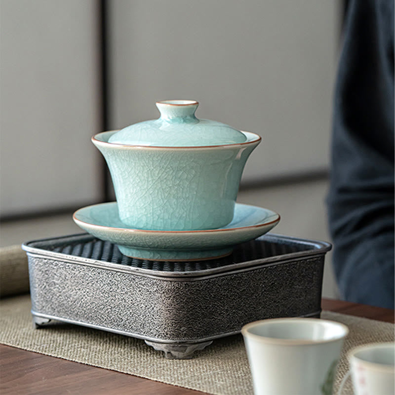 Buddha Stones Retro Green Ice Glaze Ceramic Gaiwan Sancai Teacup Kung Fu Tea Cup And Saucer With Lid - image 6