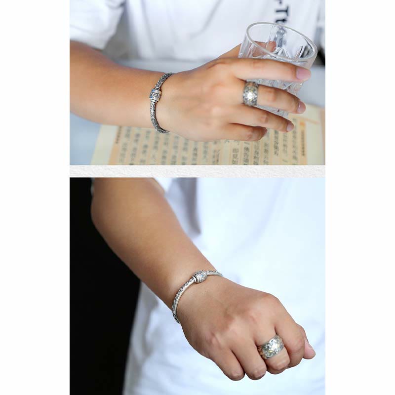 Buddha Stones 990 Sterling Silver Tibetan Auspicious Clouds Om Mani Padme Hum Engraved Creativity Bracelet Bangle - image 15