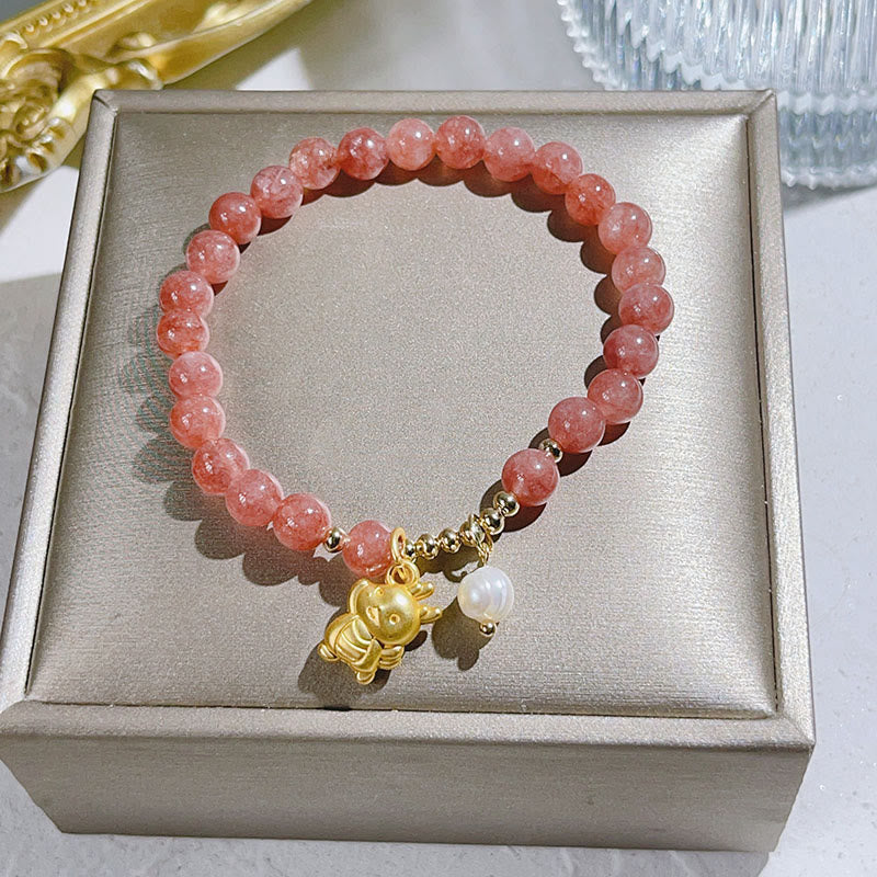 Buddha Stones Year of the Dragon Strawberry Quartz Dragon Pearl Charm Protection Bracelet - image 4
