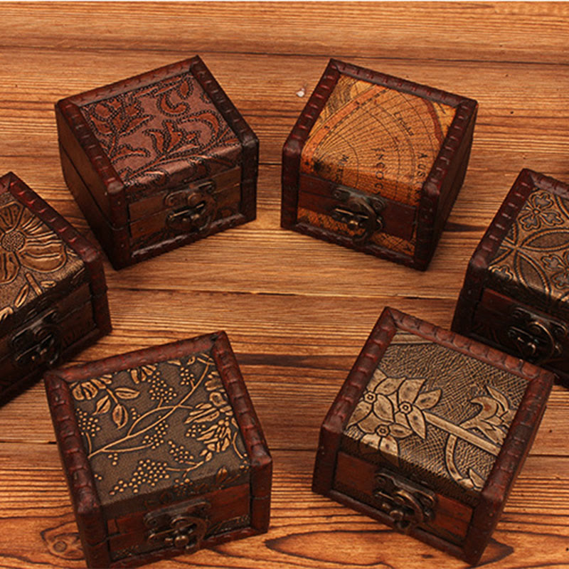 Buddha Stones Retro Small Square Wood Jewelry Box Lotus Grass Flower Grape Copper Coin Daffodil Jewelry Storage Box - image 22