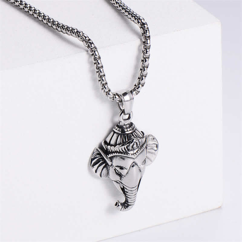 Buddha Stones Ganesh Ganpati Elephant Titanium Steel Protection Pendant Necklace - Silver - image 2