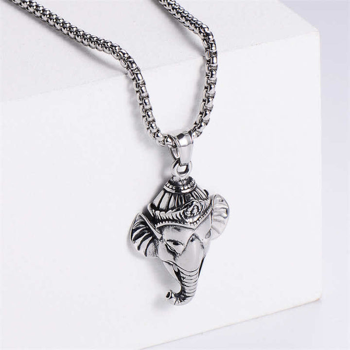 Buddha Stones Ganesh Ganpati Elephant Titanium Steel Protection Pendant Necklace - Silver - image 2