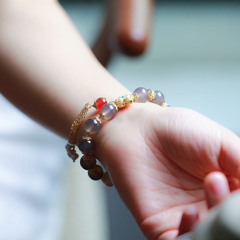 Buddha Stones Natural Gray Agate Fu Character Pearl Tassel Balance Bracelet - image 11