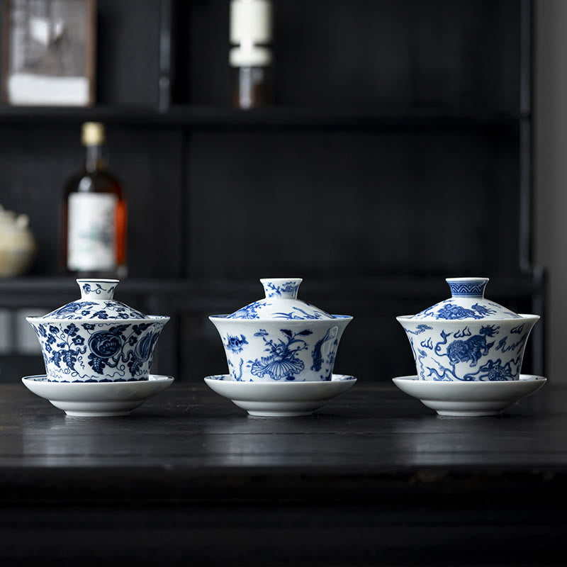 Buddha Stones Blue And White Porcelain Lotus Koi Fish Lion Dance Watermelon Ceramic Gaiwan Sancai Teacup Kung Fu Tea Cup And Saucer With Lid 300ml - image 1