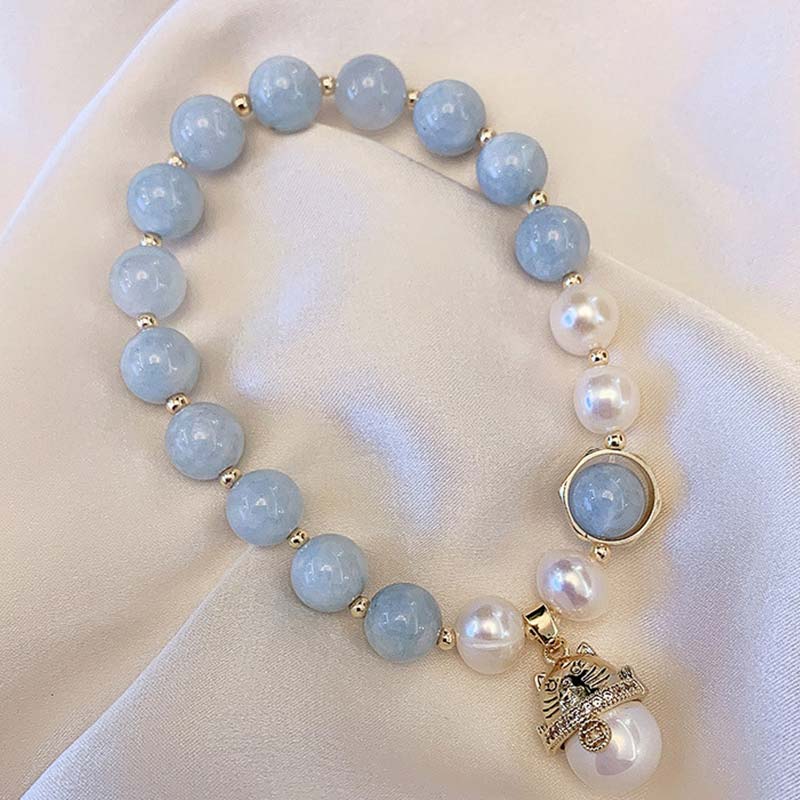 Buddha Stones Aquamarine Pearl Peace Healing Lucky Cat Charm Bracelet - image 1