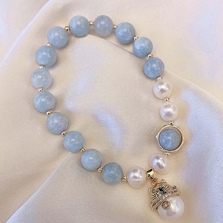 Buddha Stones Aquamarine Pearl Peace Healing Lucky Cat Charm Bracelet - image 1