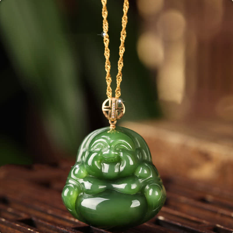 Buddha Stones 925 Sterling Silver Laughing Buddha Hetian Cyan Jade 18K Gold Success Necklace Chain Pendant - Hetian Cyan Jade (Success ♥ Healing) - image 0