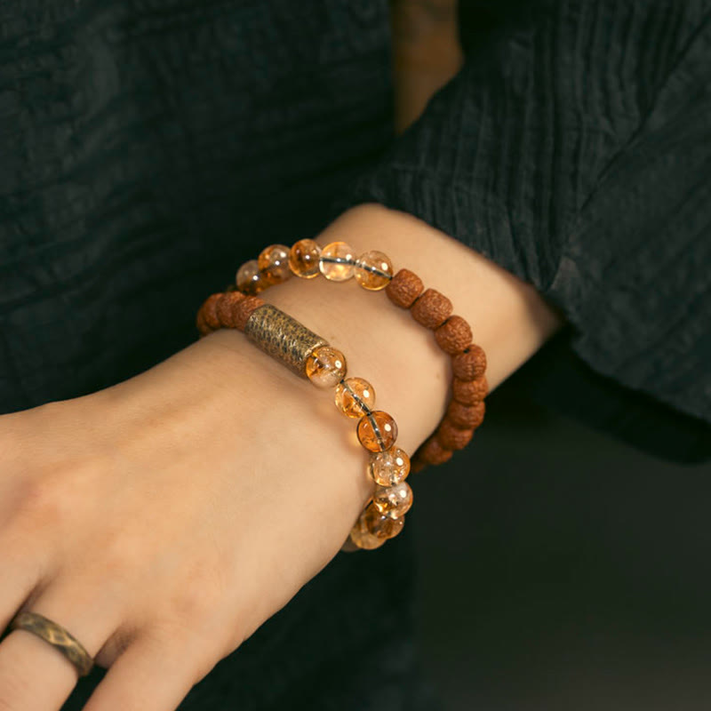 Buddha Stones Natural Citrine Crystal Rudraksha Bodhi Seed Brass Bead Prosperity Double Wrap Bracelet - image 3