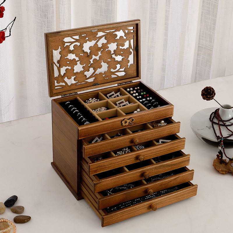 Buddha Stones Vintage Plum Blossom Carved Wooden Jewelry Box Six-Layer Jewelry Storage Box - Wenge Wood Color 30.6*20.6*24.7cm - image 19