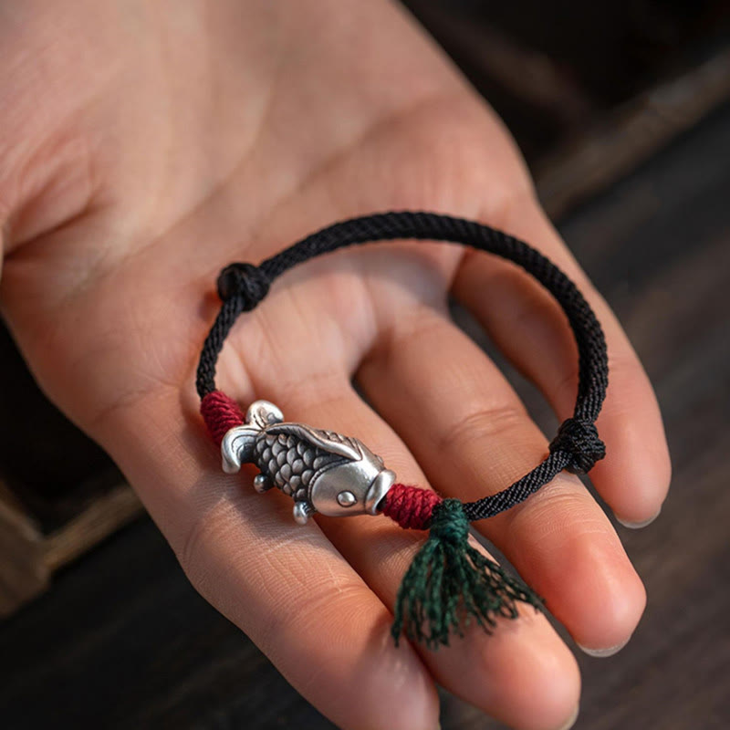 Buddha Stones 925 Sterling Silver Luck Koi Fish Braided Bracelet - 20cm - image 0