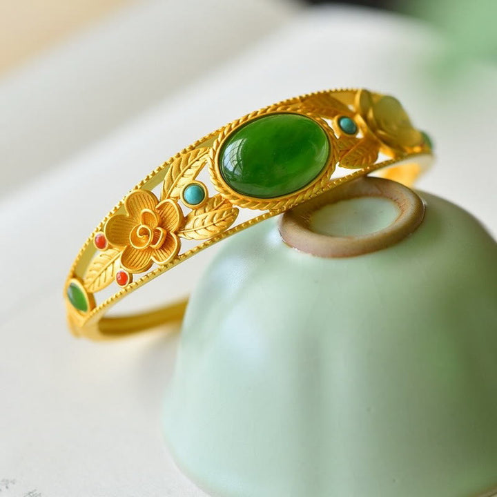 Buddha Stones Cyan Jade White Jade Flower Leaf Harmony Luck Bracelet Bangle - image 3