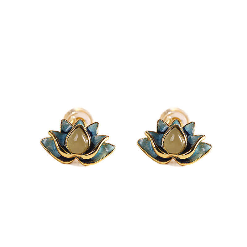 925 Sterling Silver Hetian Cyan Jade Lotus Flower Success Earrings - image 5