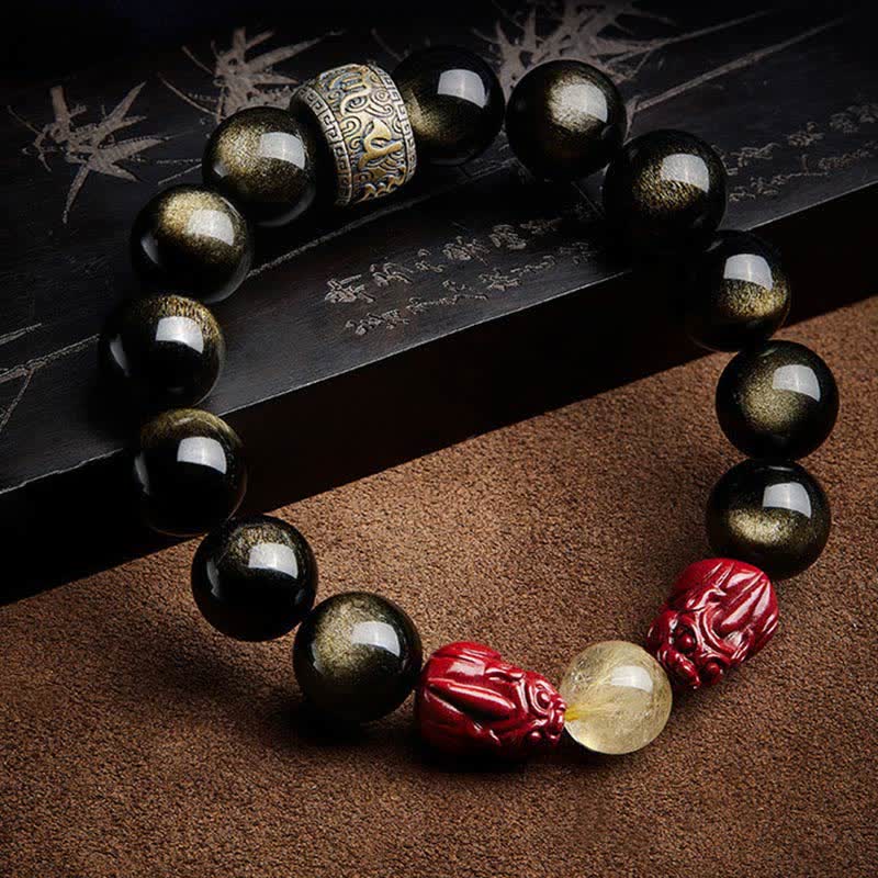 Buddha Stones Gold Sheen Obsidian PiXiu Cinnabar Om Mani Padme Hum Protection Bracelet - image 1