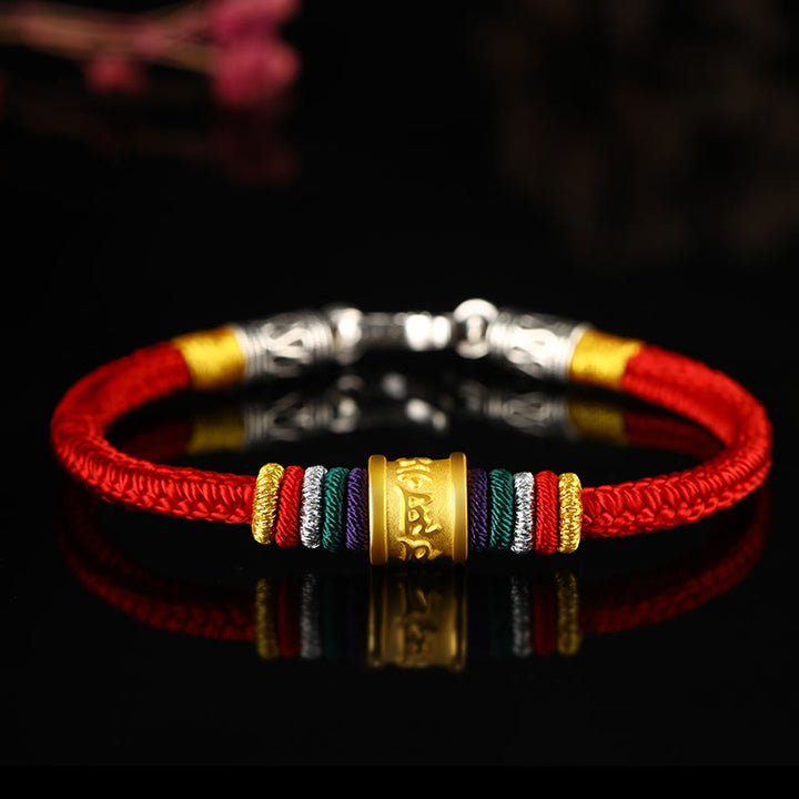 Buddha Stones Tibet 999 Gold Om Mani Padme Hum Handmade Eight Thread Peace Knot Luck Bracelet - Round Perfect Knot Silver Buckle Red Rope - 19cm - image 18