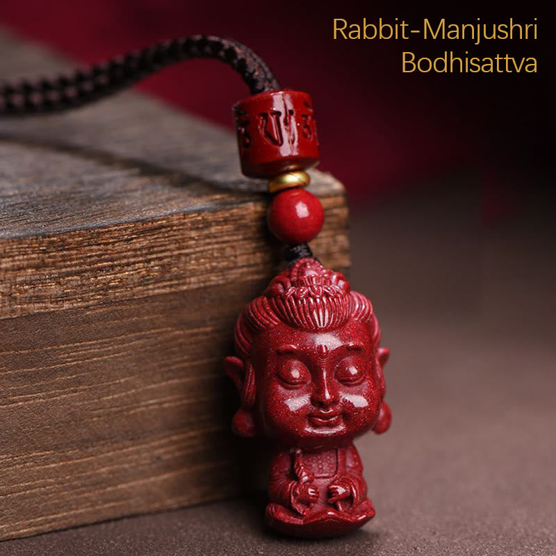 Buddha Stones Chinese Zodiac Natal Buddha Natural Cinnabar Amulet Keep Away Evil Spirits Necklace Pendant - Rabbit-Manjushri Bodhisattva - image 11