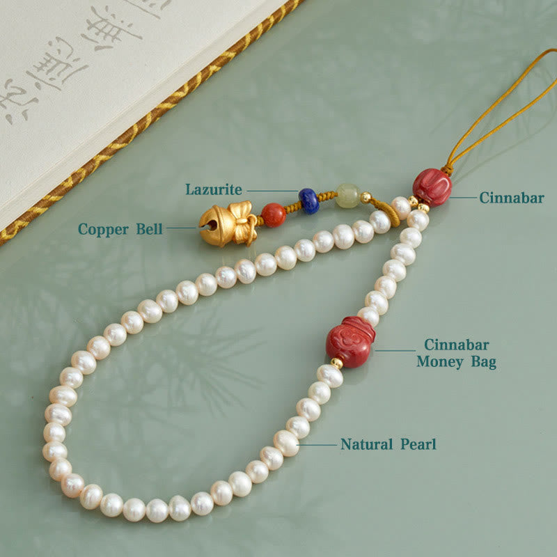 Buddha Stones Natural Pearl Cinnabar Money Bag Bell Gold Swallowing Beast Dancing Lion Healing Phone Hanging Decoration - image 4
