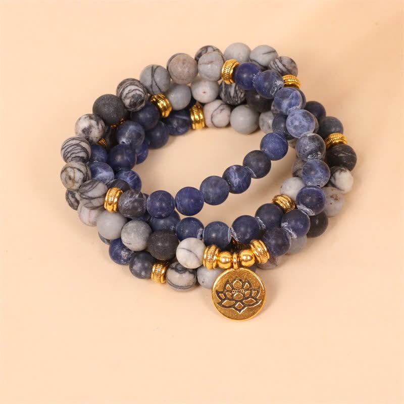Buddha Stones 108 Mala Beads Sodalite Zebra Jasper Crystal Lotus Strength Bracelet - Sodalite&Zebra Jasper - image 0